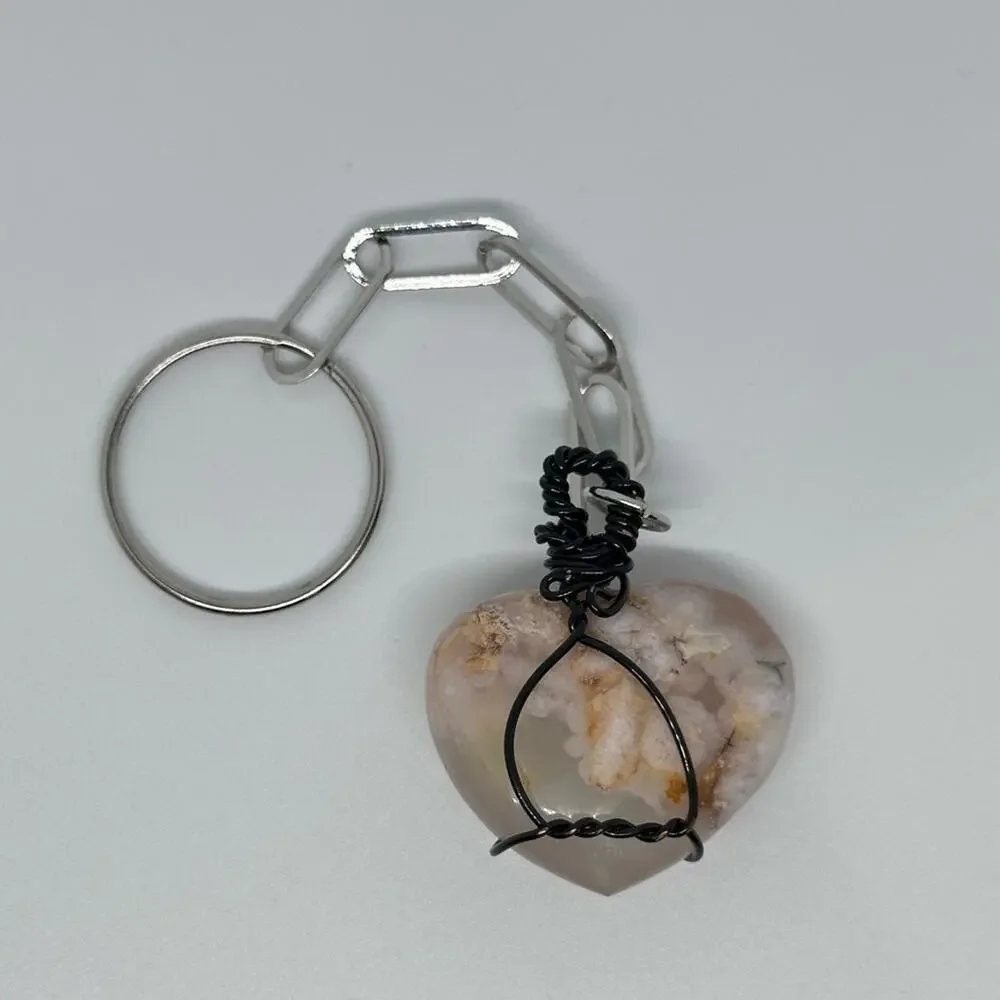 Flower Agate keychain wire wrapping distressed black wire handmade